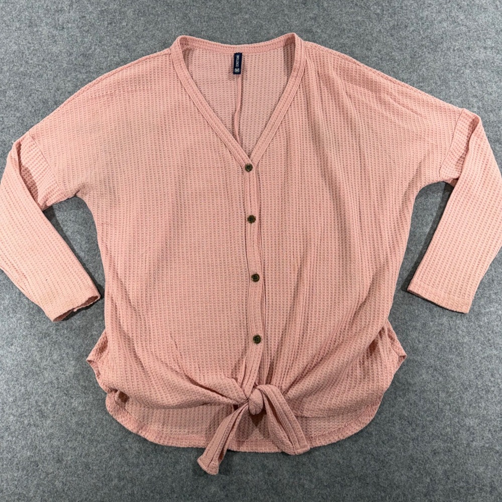 Iwollence Womens Pink Waffle Knit Button Down Tie Front Long Sleeve Top Size M